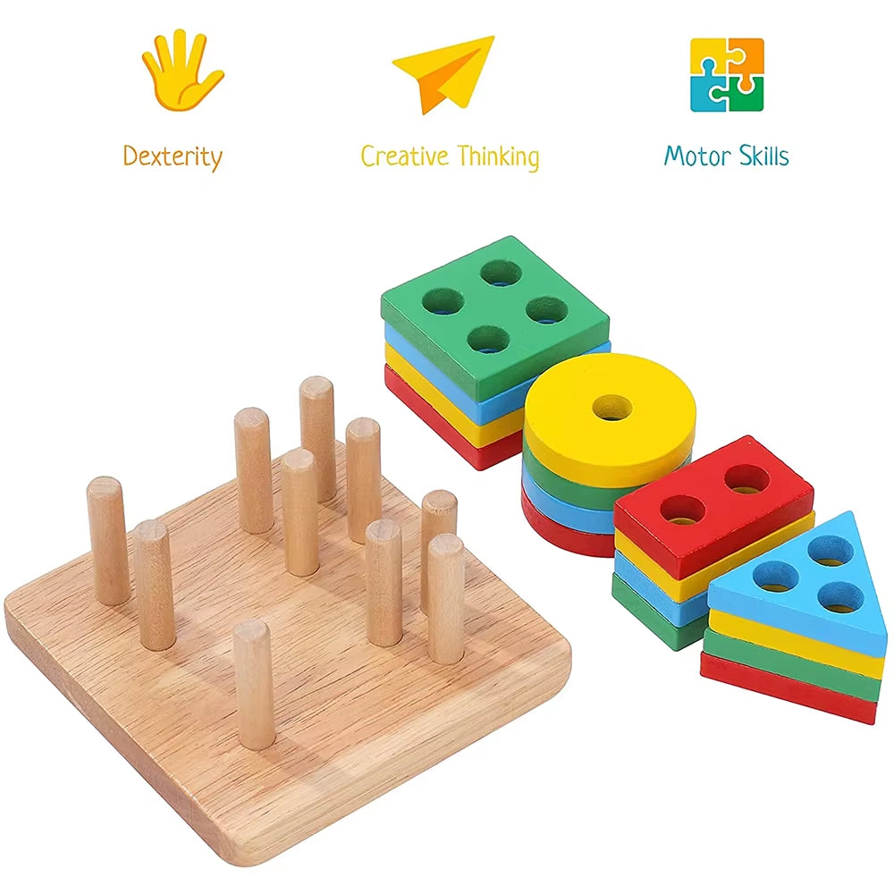 Montessori Wooden Sorting and Stacking Toys Educational Learning Preschool Color Recognition Shape Sorter Puzzles for Kids Gifts