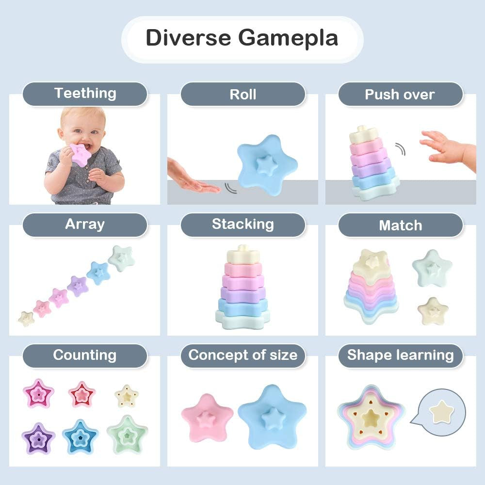 Baby Silicone Stacking Toy,6 Pcs Soft Building Ring Stacker,Blockers Tower Teether for 6+ Months Boys and Girls Early Educational Learning. (Star)