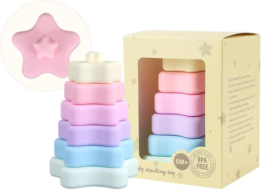 Baby Silicone Stacking Toy,6 Pcs Soft Building Ring Stacker,Blockers Tower Teether for 6+ Months Boys and Girls Early Educational Learning. (Star)