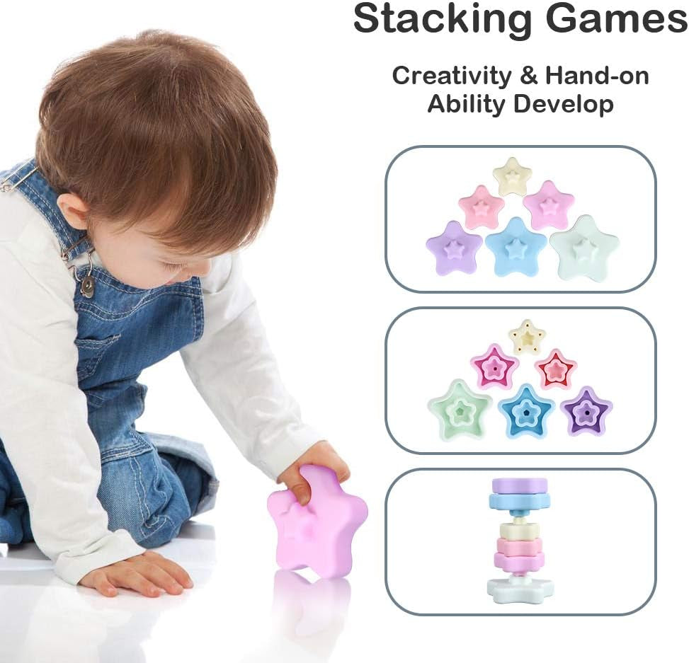 Baby Silicone Stacking Toy,6 Pcs Soft Building Ring Stacker,Blockers Tower Teether for 6+ Months Boys and Girls Early Educational Learning. (Star)