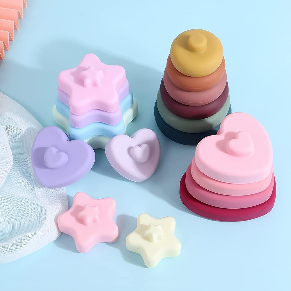 Baby Silicone Stacking Toy,6 Pcs Soft Building Ring Stacker,Blockers Tower Teether for 6+ Months Boys and Girls Early Educational Learning. (Star)