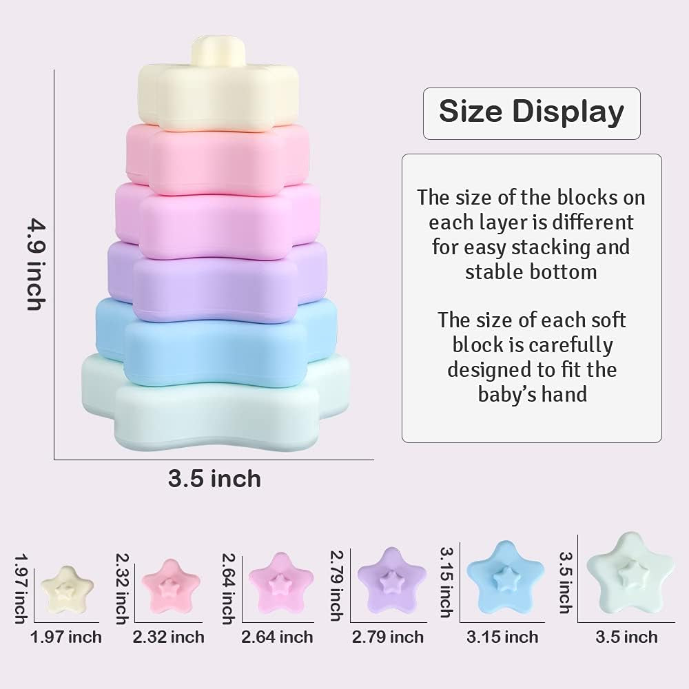 Baby Silicone Stacking Toy,6 Pcs Soft Building Ring Stacker,Blockers Tower Teether for 6+ Months Boys and Girls Early Educational Learning. (Star)